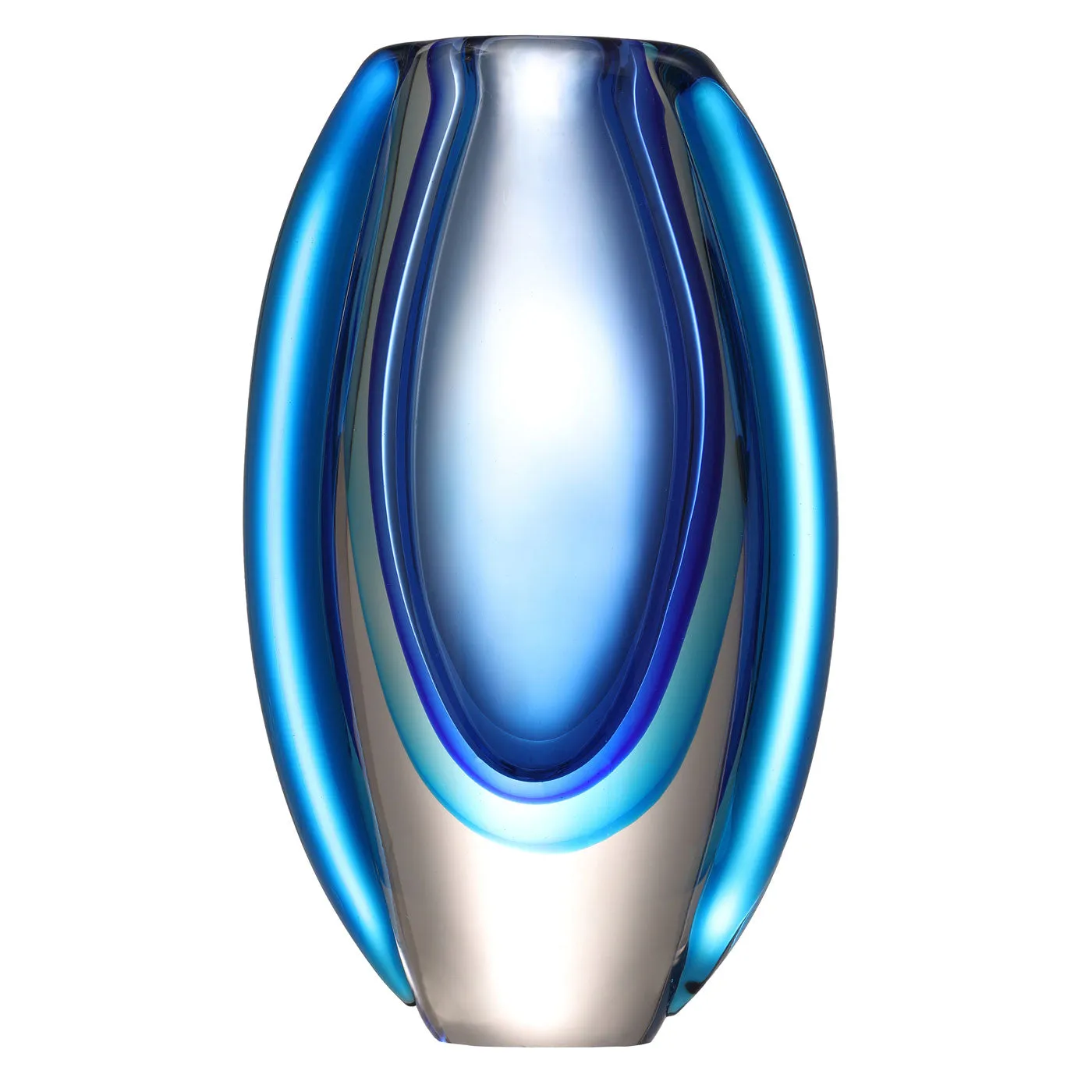 Hand Blown Sommerso Oval Art Glass Vase - Blue 8.5-10 inch tall