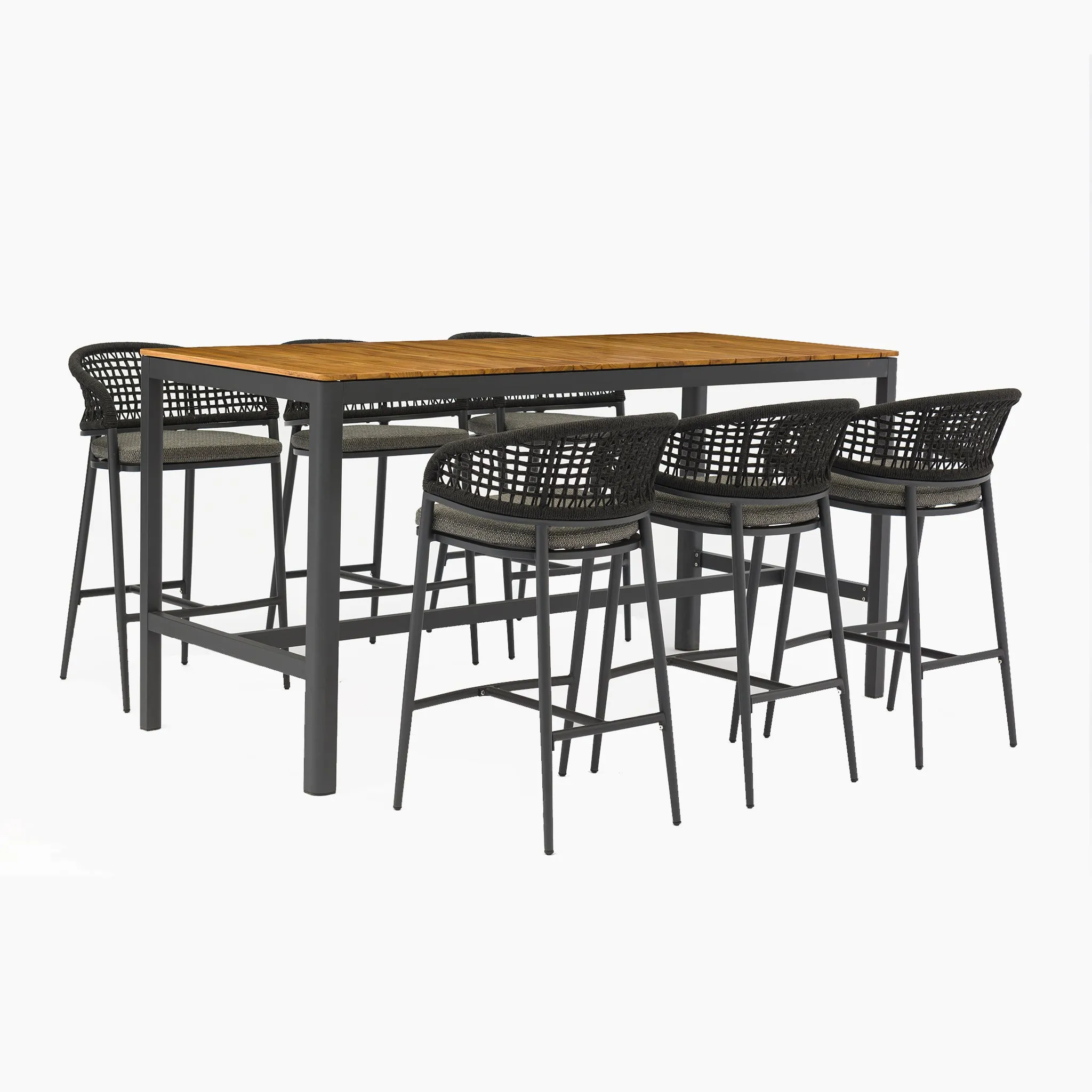 Kalama 6 Seat Rectangular Bar Set with Teak Table in Charcoal