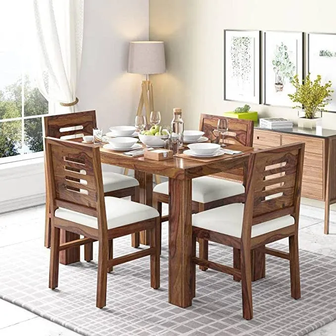 KARNI FURNITURE Sheesham Wood 4 Seater Dining Table Set for Home Hall || Solid Wood Dining Table with 4 Cushion Chairs for Hotels || Dining Room Sets - (Teak Finish)