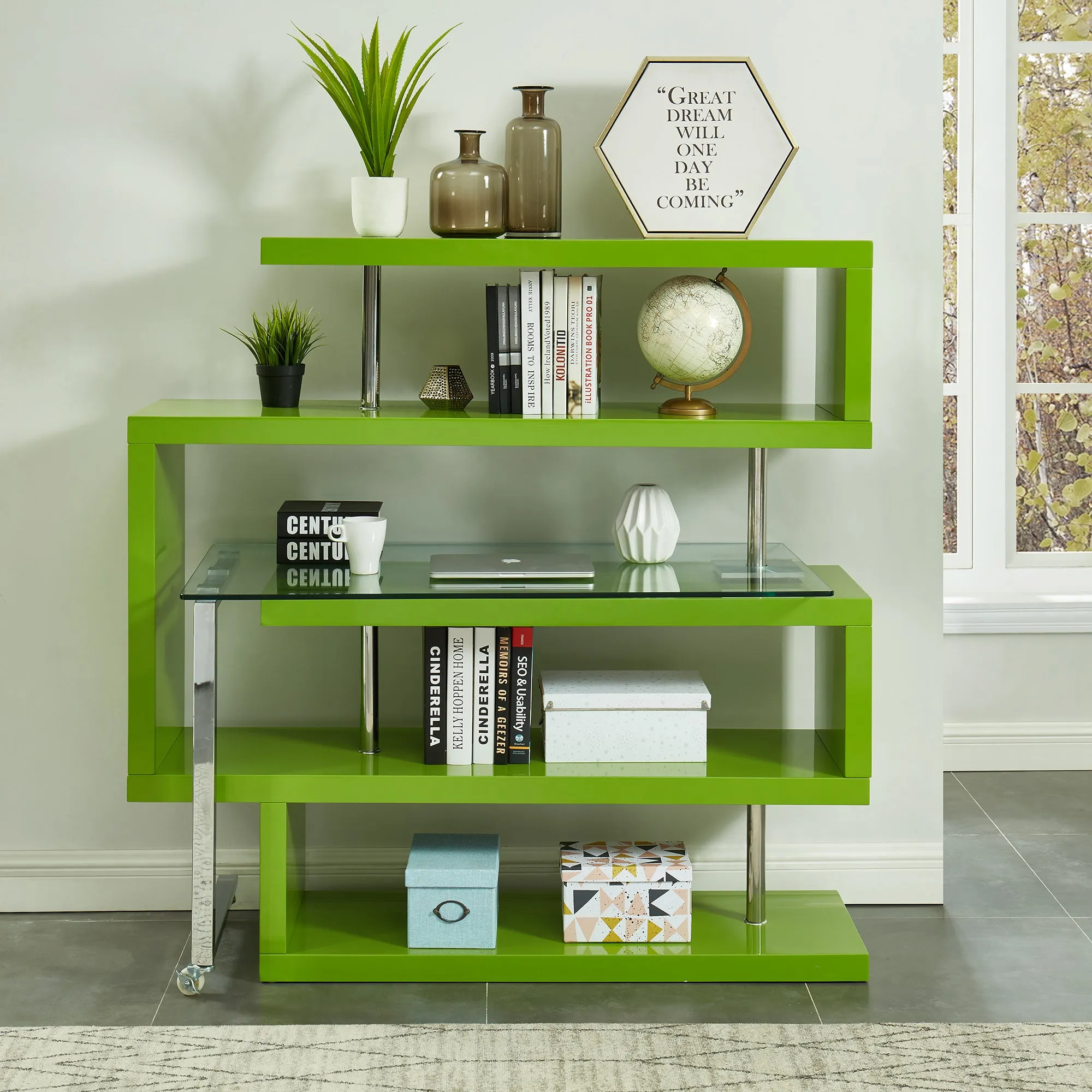 Kylo Green & Chrome Convertible Bookshelf to Glass Top L-Shape Desk