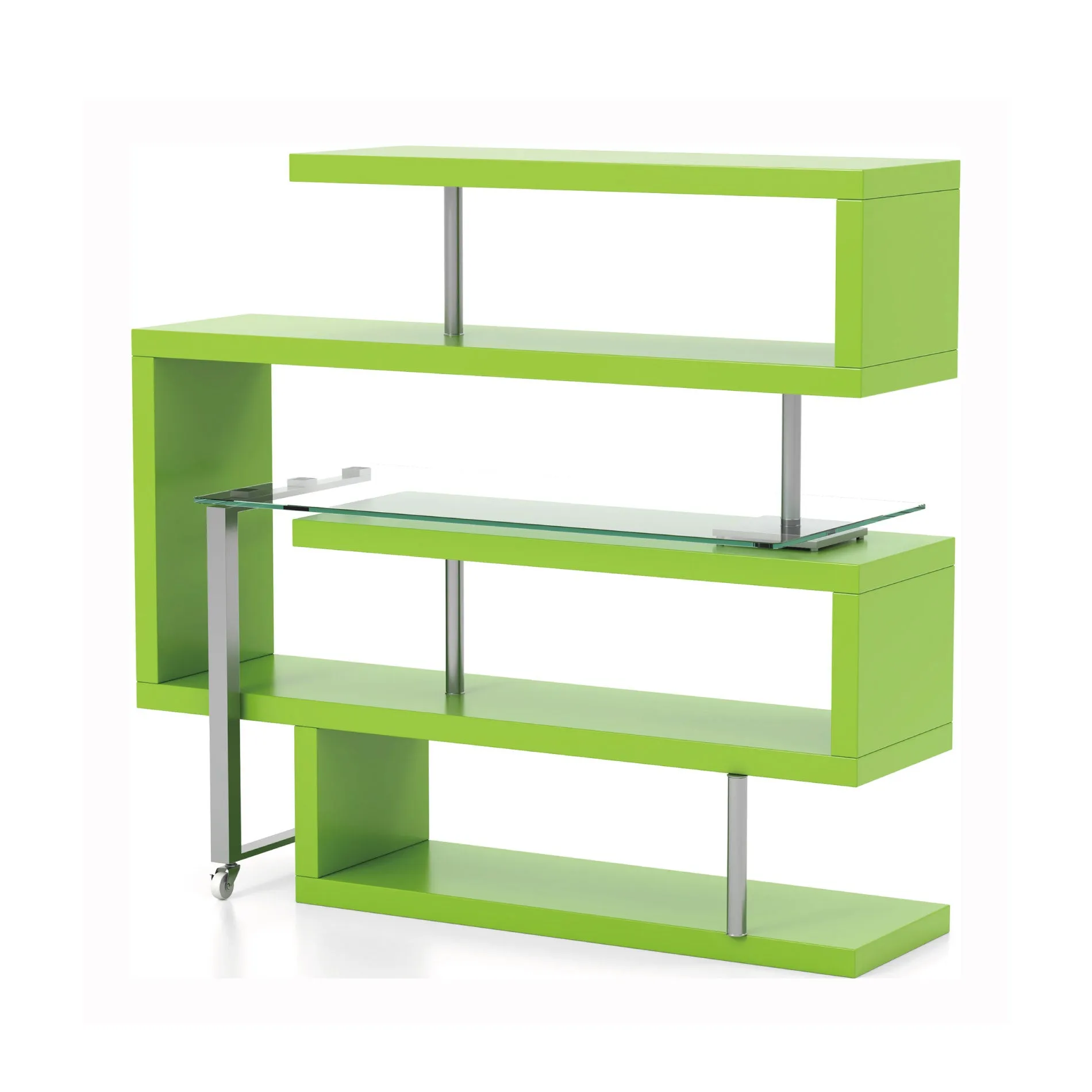 Kylo Green & Chrome Convertible Bookshelf to Glass Top L-Shape Desk