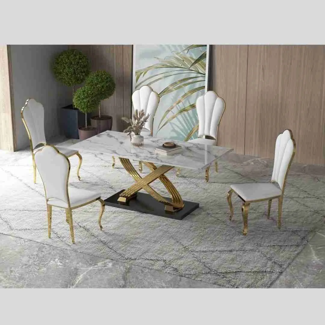 Marble 7pc Dining Set With Gold Base - Aylin