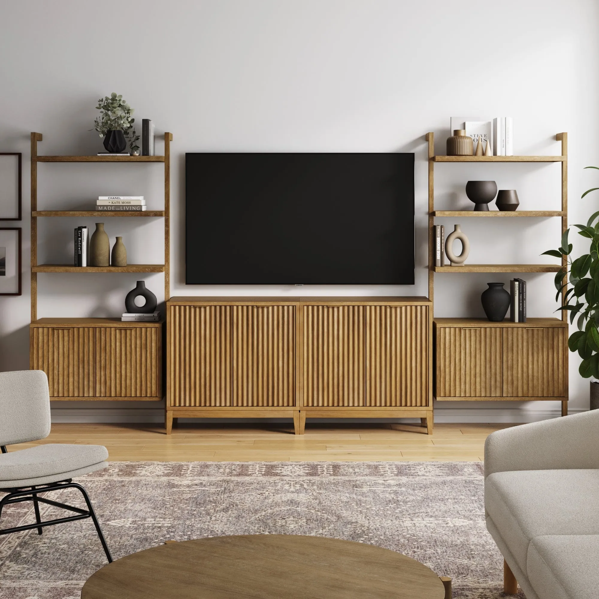 Mid-Century Entertainment Center Light Brown (2 Cabinets)