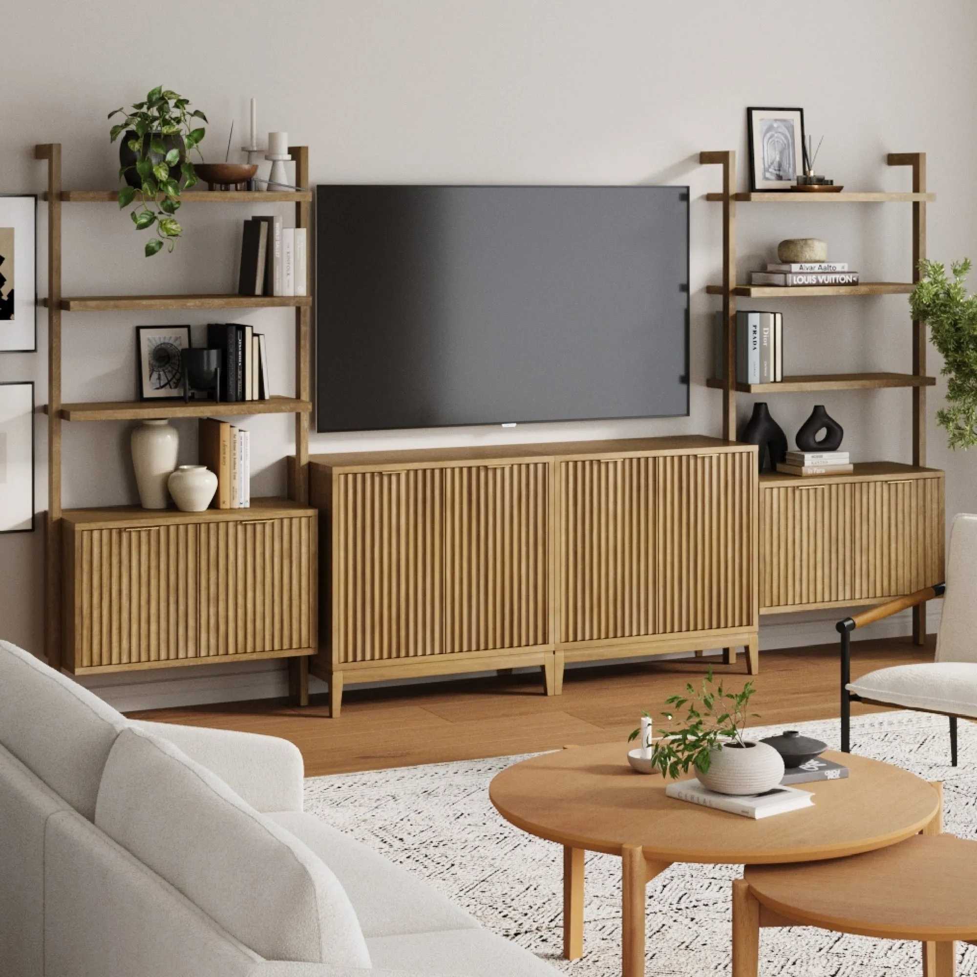 Mid-Century Entertainment Center Light Brown (2 Cabinets)