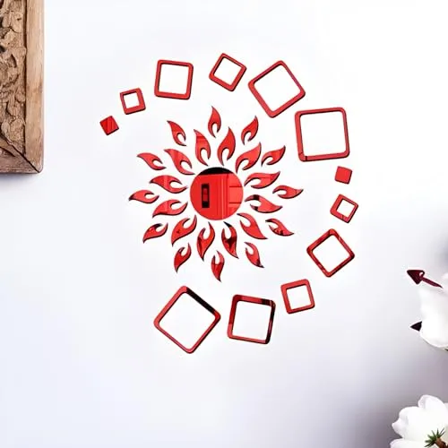 Mirror Sticker 65 cm Sun red with Square red 2 Set Acrylic Stickers 3D Stickers Wall Stickers Self Adhesive Sticker