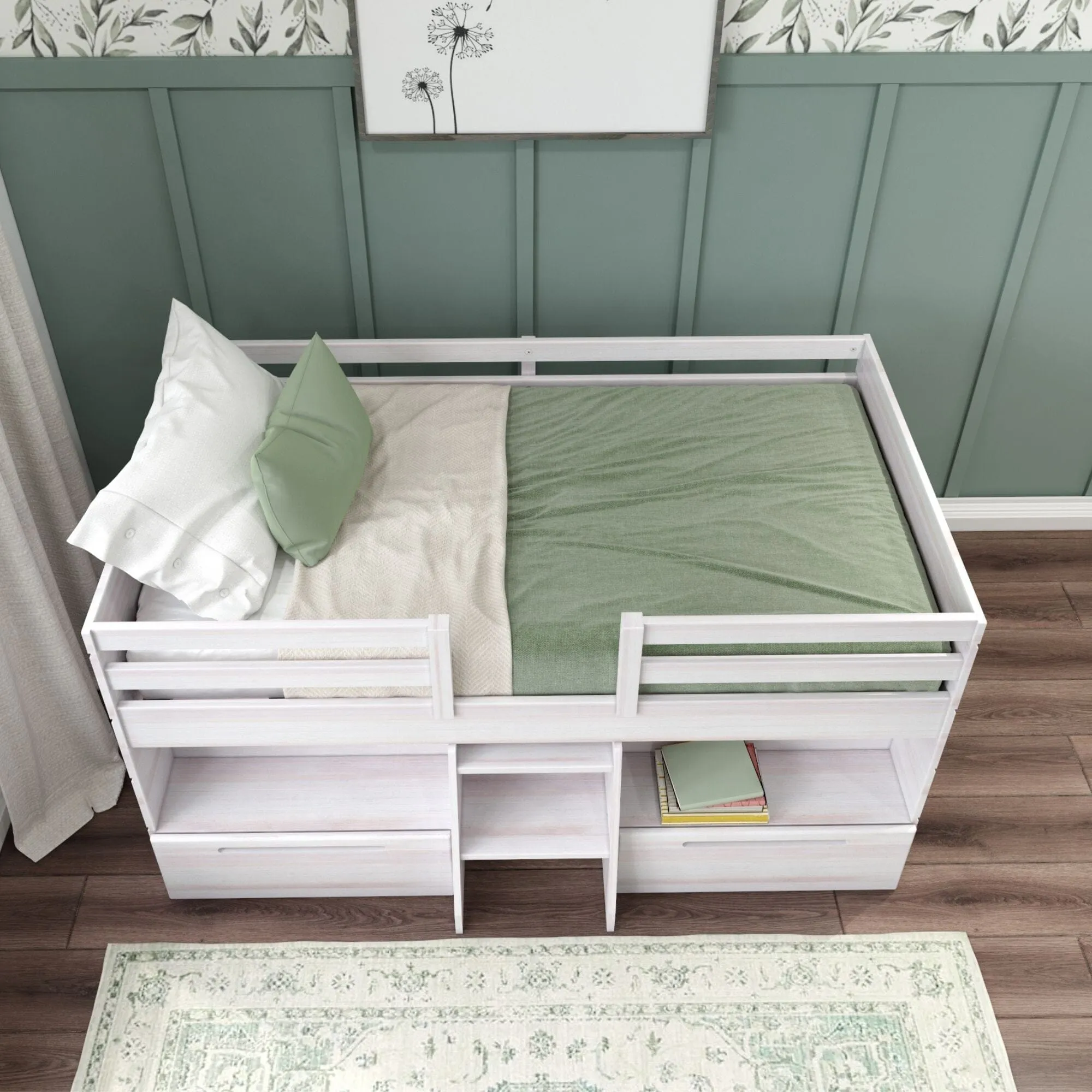 Modern Farmhouse Twin Low Loft Bed With Bookcases & Drawers