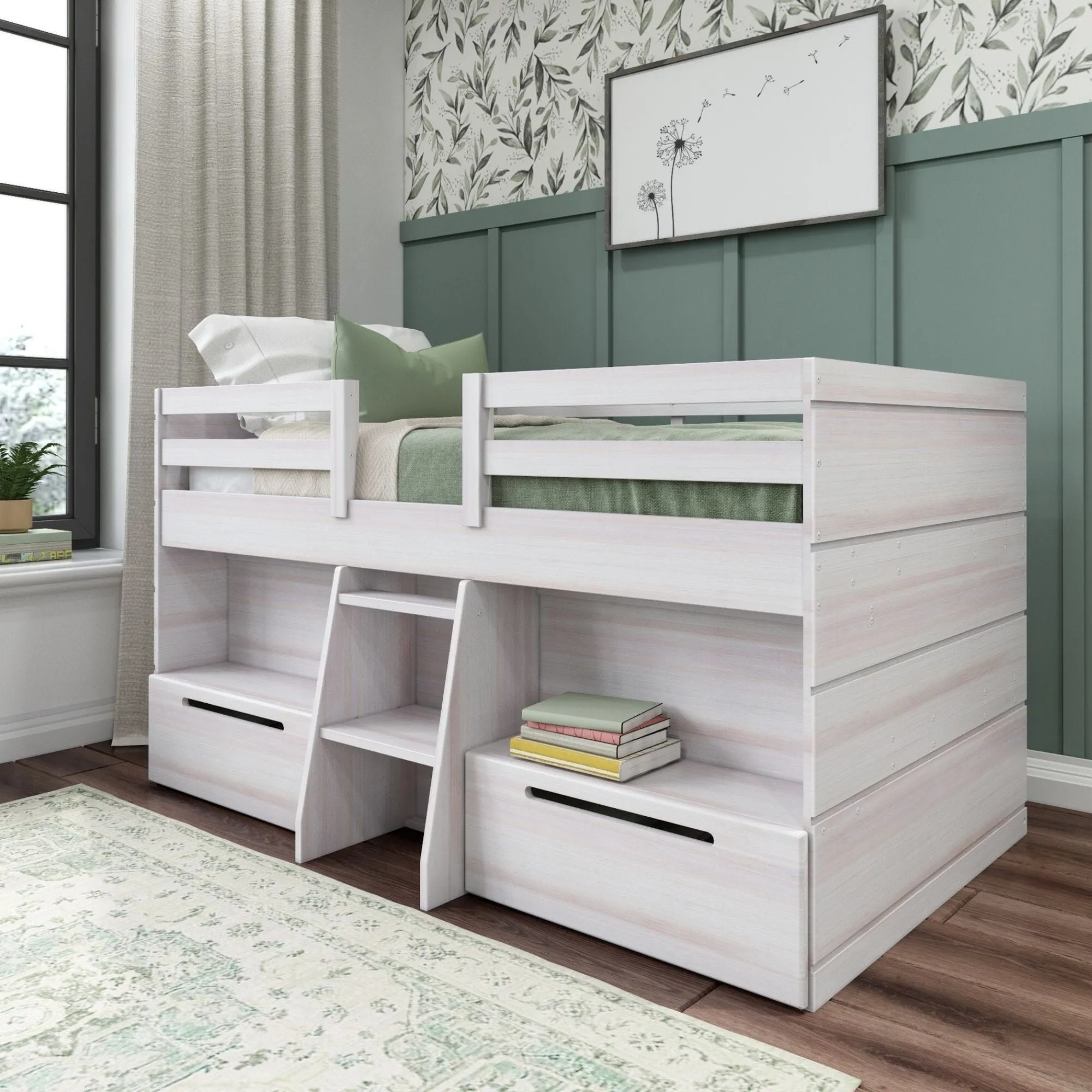 Modern Farmhouse Twin Low Loft Bed With Bookcases & Drawers