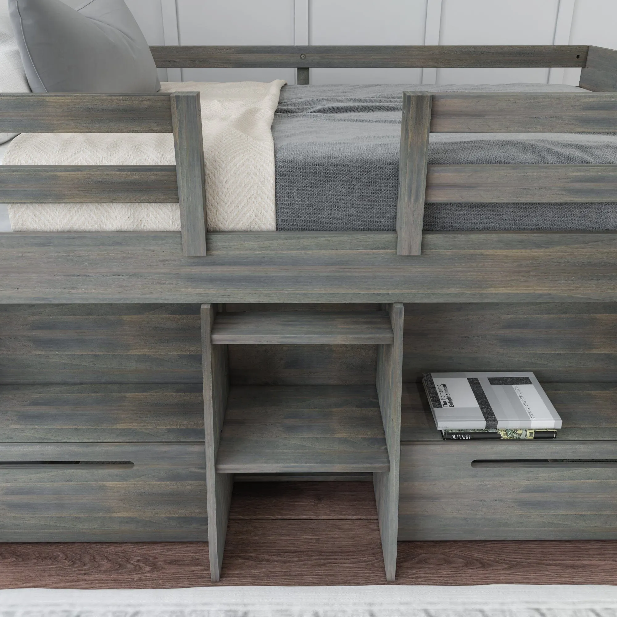 Modern Farmhouse Twin Low Loft Bed With Bookcases & Drawers