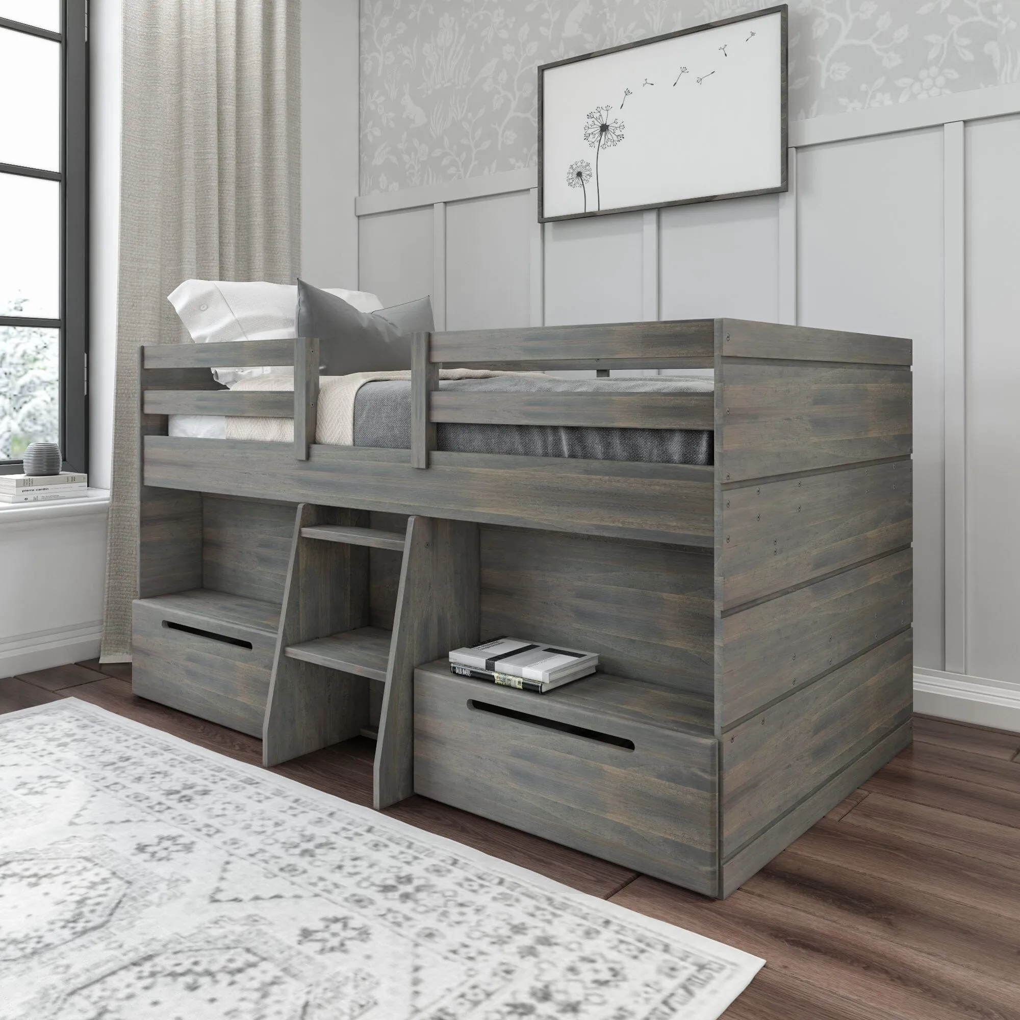 Modern Farmhouse Twin Low Loft Bed With Bookcases & Drawers