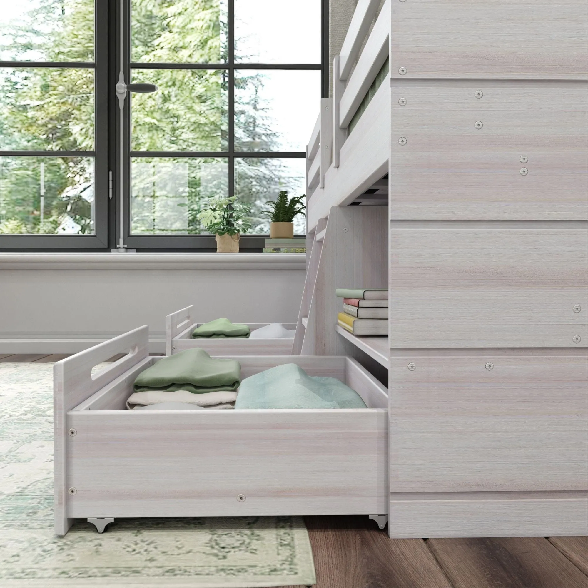 Modern Farmhouse Twin Low Loft Bed With Bookcases & Drawers