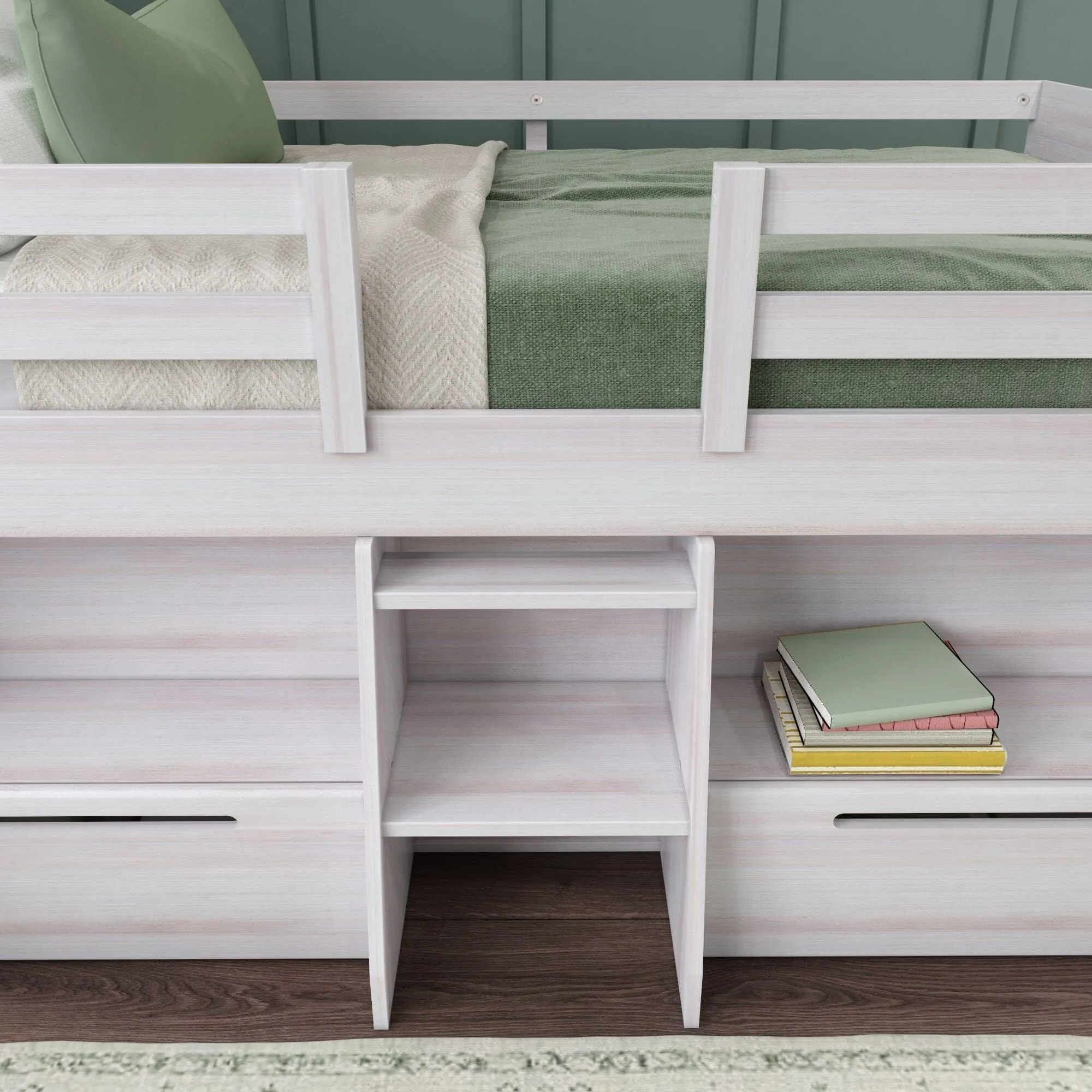 Modern Farmhouse Twin Low Loft Bed With Bookcases & Drawers