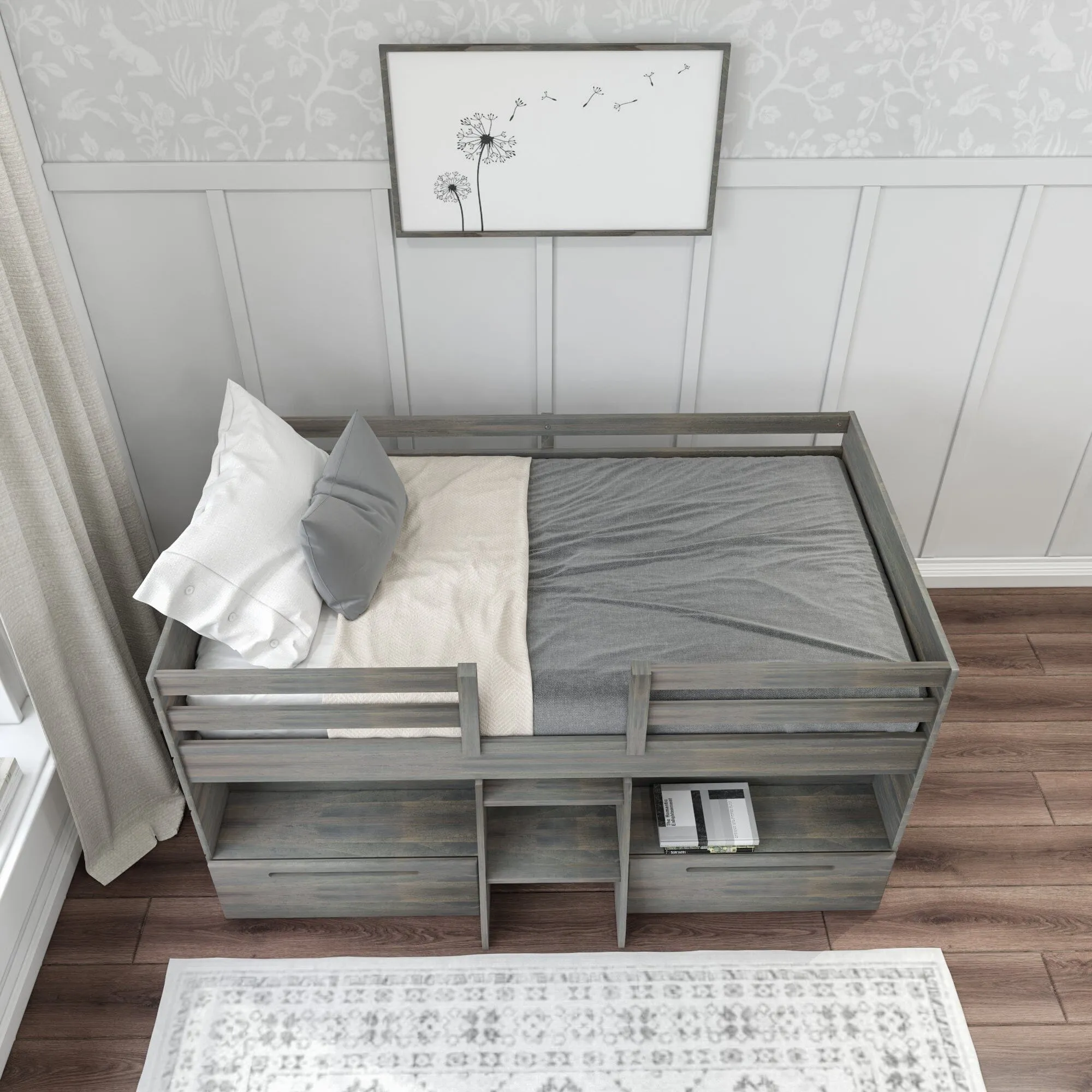 Modern Farmhouse Twin Low Loft Bed With Bookcases & Drawers