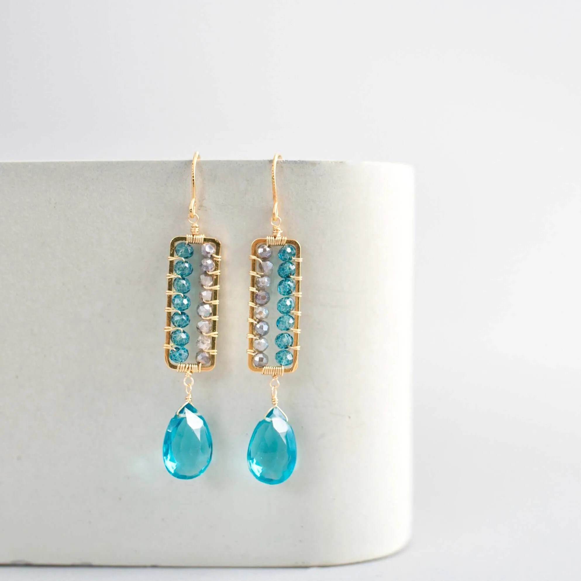 Neon Blue Quartz Wire-Wrapped Parallel Earrings