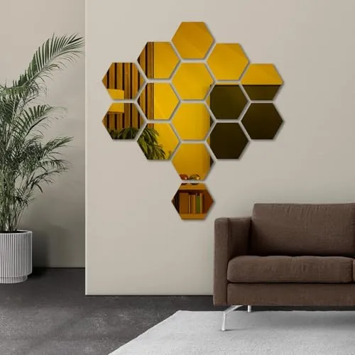 NOHUNT Hexagon Decorative Mirror Stickers for Wall | Wall Mirror Stickers | 3D Acrylic Stickers Wall Stickers | Wall Stickers for Hall Room, Bedroom, Kitchen | Set of 15 (5x5 inch) (Gold)