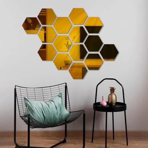 NOHUNT Hexagon Decorative Mirror Stickers for Wall | Wall Mirror Stickers | 3D Acrylic Stickers Wall Stickers | Wall Stickers for Hall Room, Bedroom, Kitchen | Set of 15 (5x5 inch) (Gold)