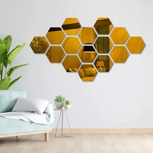 NOHUNT Hexagon Decorative Mirror Stickers for Wall | Wall Mirror Stickers | 3D Acrylic Stickers Wall Stickers | Wall Stickers for Hall Room, Bedroom, Kitchen | Set of 15 (5x5 inch) (Gold)