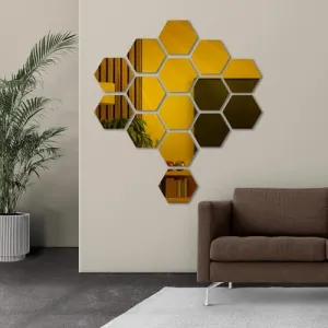 NOHUNT Hexagon Decorative Mirror Stickers for Wall | Wall Mirror Stickers | 3D Acrylic Stickers Wall Stickers | Wall Stickers for Hall Room, Bedroom, Kitchen | Set of 15 (5x5 inch) (Gold)