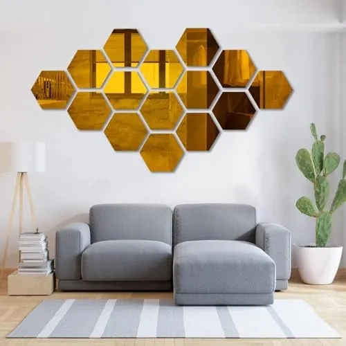 NOHUNT Hexagon Decorative Mirror Stickers for Wall | Wall Mirror Stickers | 3D Acrylic Stickers Wall Stickers | Wall Stickers for Hall Room, Bedroom, Kitchen | Set of 15 (5x5 inch) (Gold)