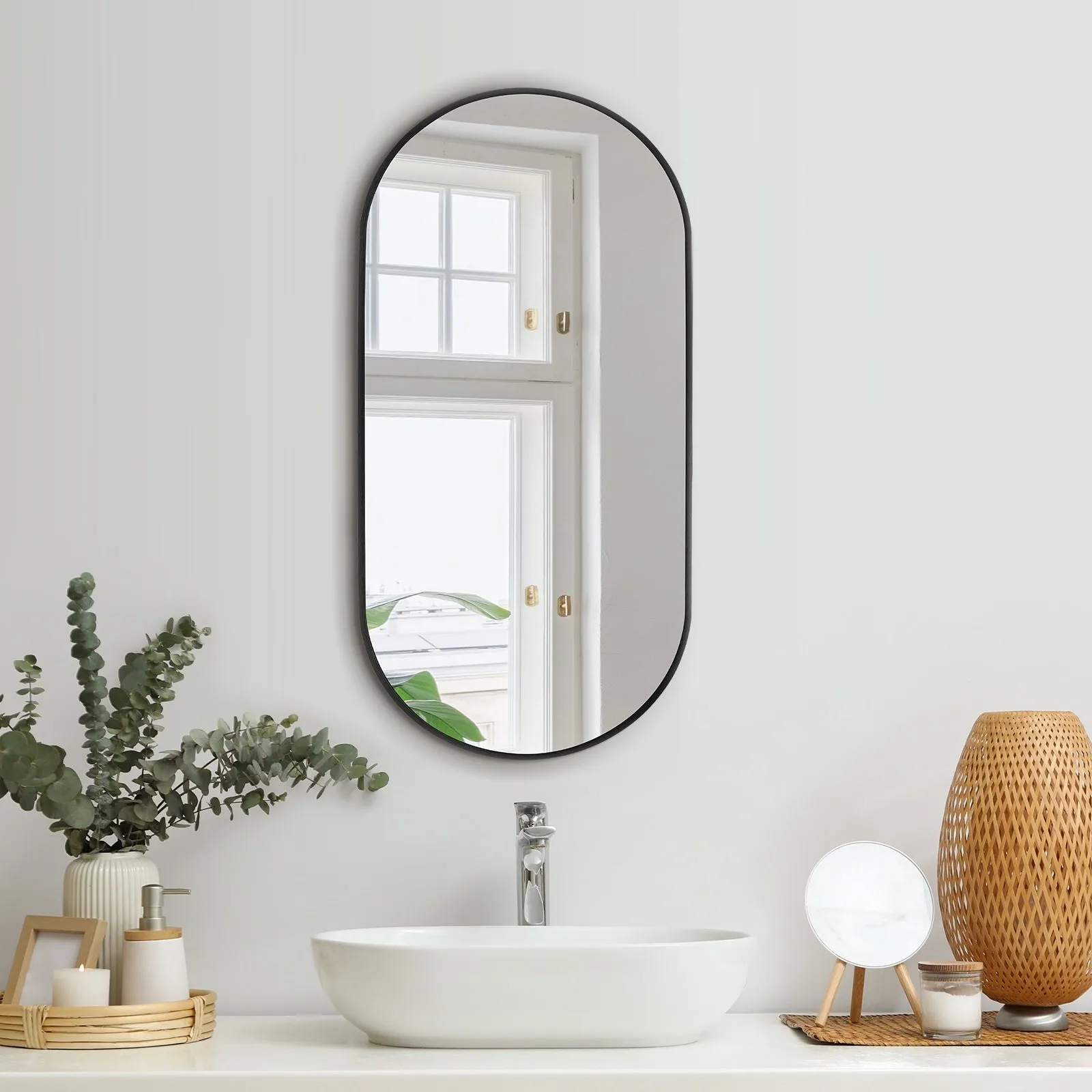 Oikiture Wall Mirrors Oval Makeup Mirror Bathroom Home Decor Black 76x31cm