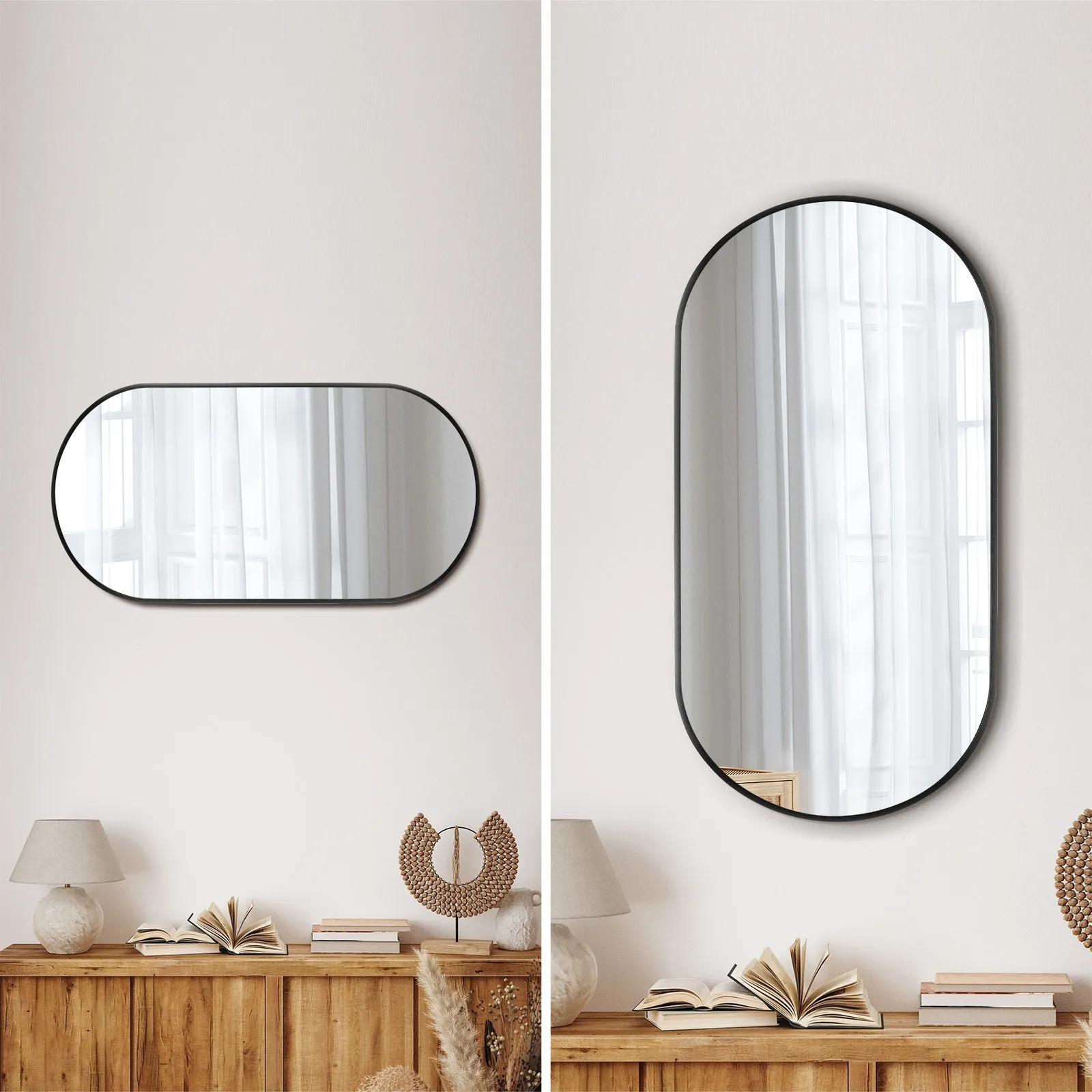 Oikiture Wall Mirrors Oval Makeup Mirror Bathroom Home Decor Black 76x31cm