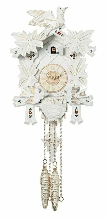 One Day Cuckoo Clock with Carved Maple Leaves & Moving Birds - White with Gold Accents