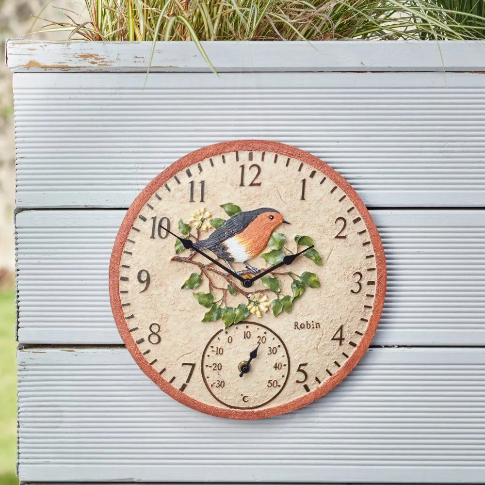 Outside In 12" Robin Wall Clock & Thermometer