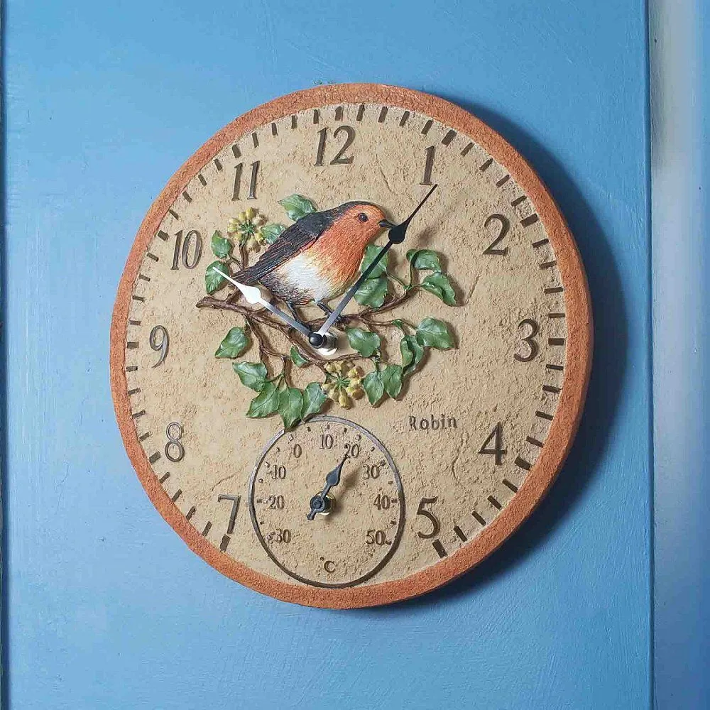 Outside In 12" Robin Wall Clock & Thermometer