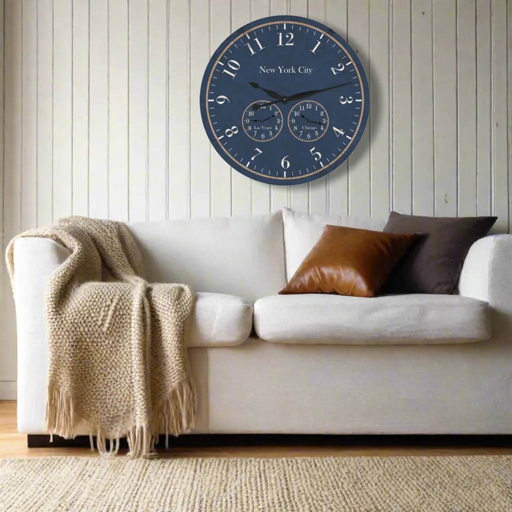 Oversized Time Zone Clock-Blue Timezone Wall Clock-Personalized Clock