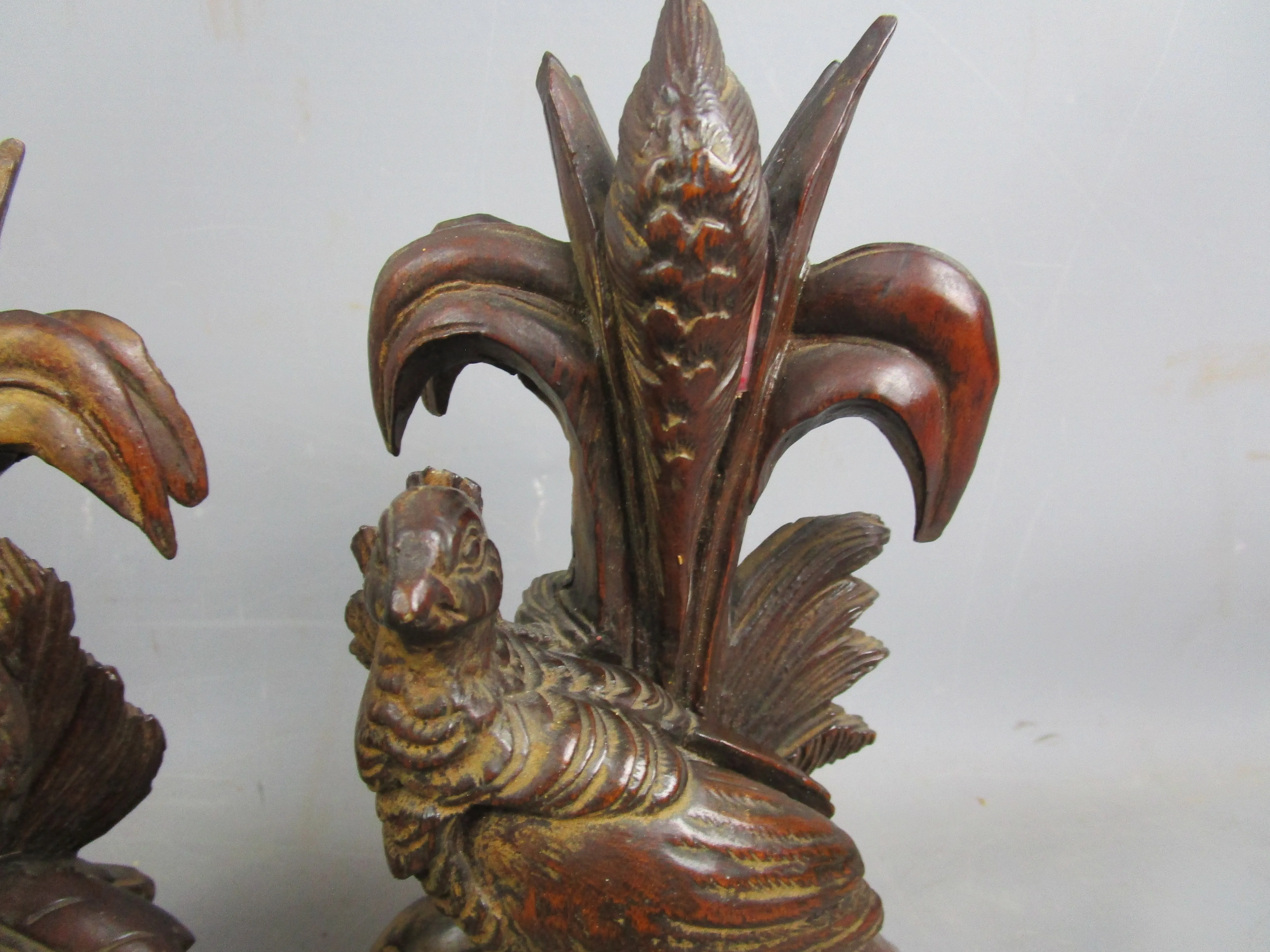 Pair Of Black Forest Carved Pheasant Candlesticks Antique Victorian c1880