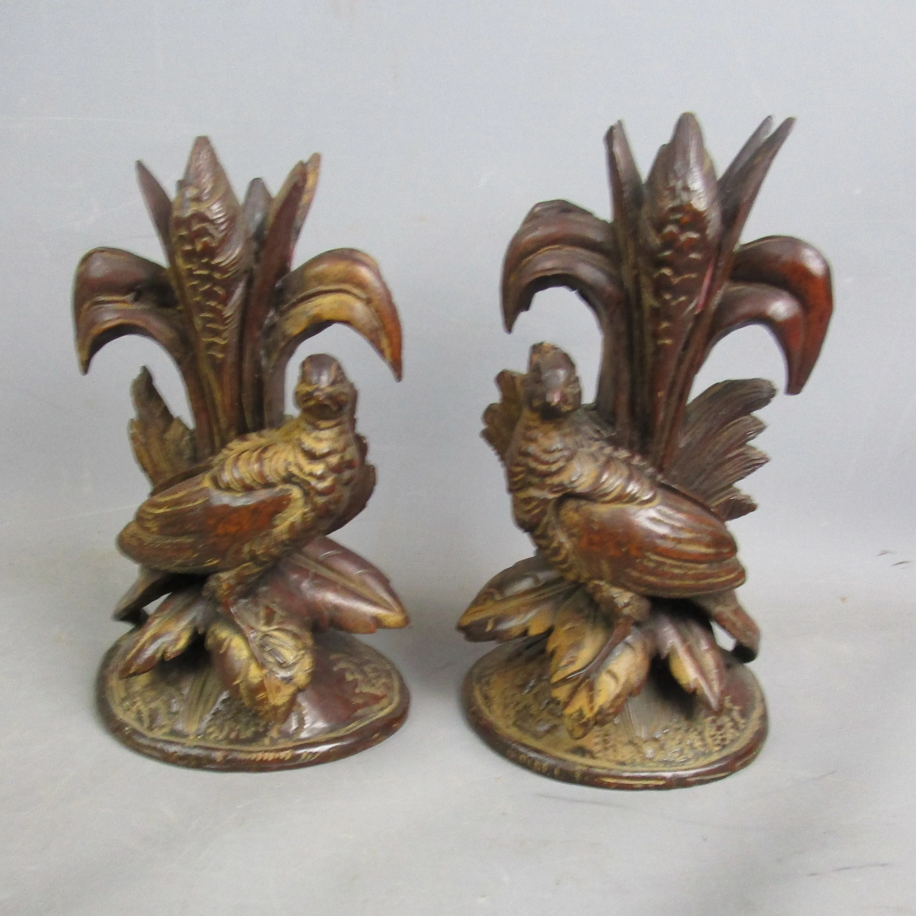 Pair Of Black Forest Carved Pheasant Candlesticks Antique Victorian c1880