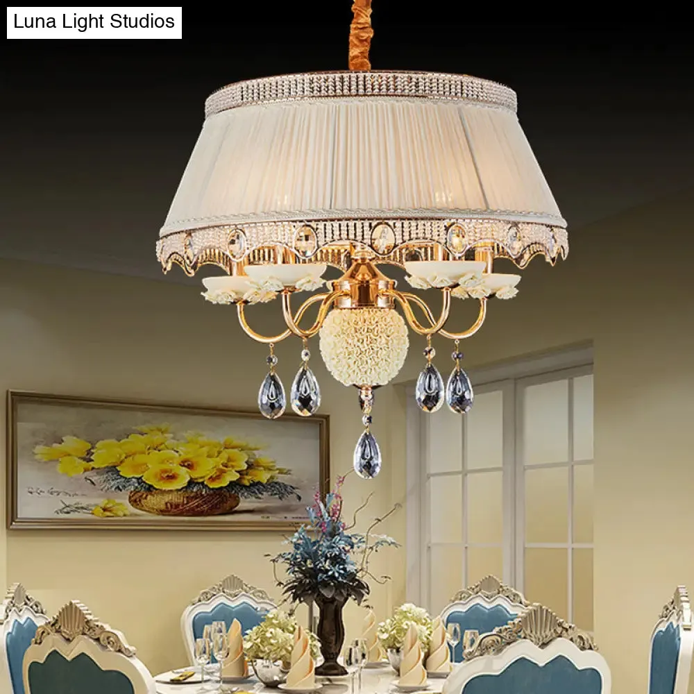 Pastoral Style Ceramic Chandelier with Hanging Light and Pleated Lamp Shade - Set of 5 Candlestick Bulbs in Pink/Blue/Light-Beige