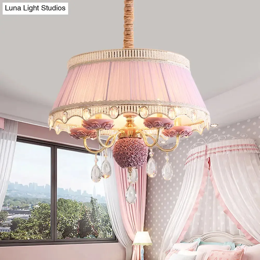 Pastoral Style Ceramic Chandelier with Hanging Light and Pleated Lamp Shade - Set of 5 Candlestick Bulbs in Pink/Blue/Light-Beige