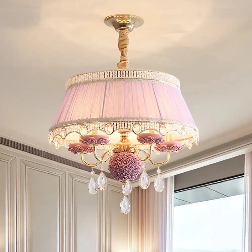 Pastoral Style Ceramic Chandelier with Hanging Light and Pleated Lamp Shade - Set of 5 Candlestick Bulbs in Pink/Blue/Light-Beige