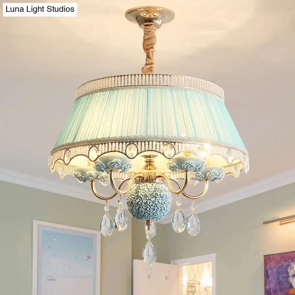 Pastoral Style Ceramic Chandelier with Hanging Light and Pleated Lamp Shade - Set of 5 Candlestick Bulbs in Pink/Blue/Light-Beige