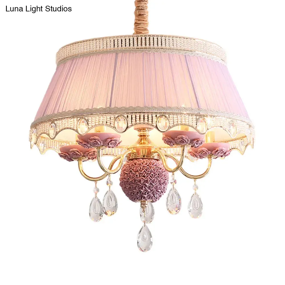 Pastoral Style Ceramic Chandelier with Hanging Light and Pleated Lamp Shade - Set of 5 Candlestick Bulbs in Pink/Blue/Light-Beige