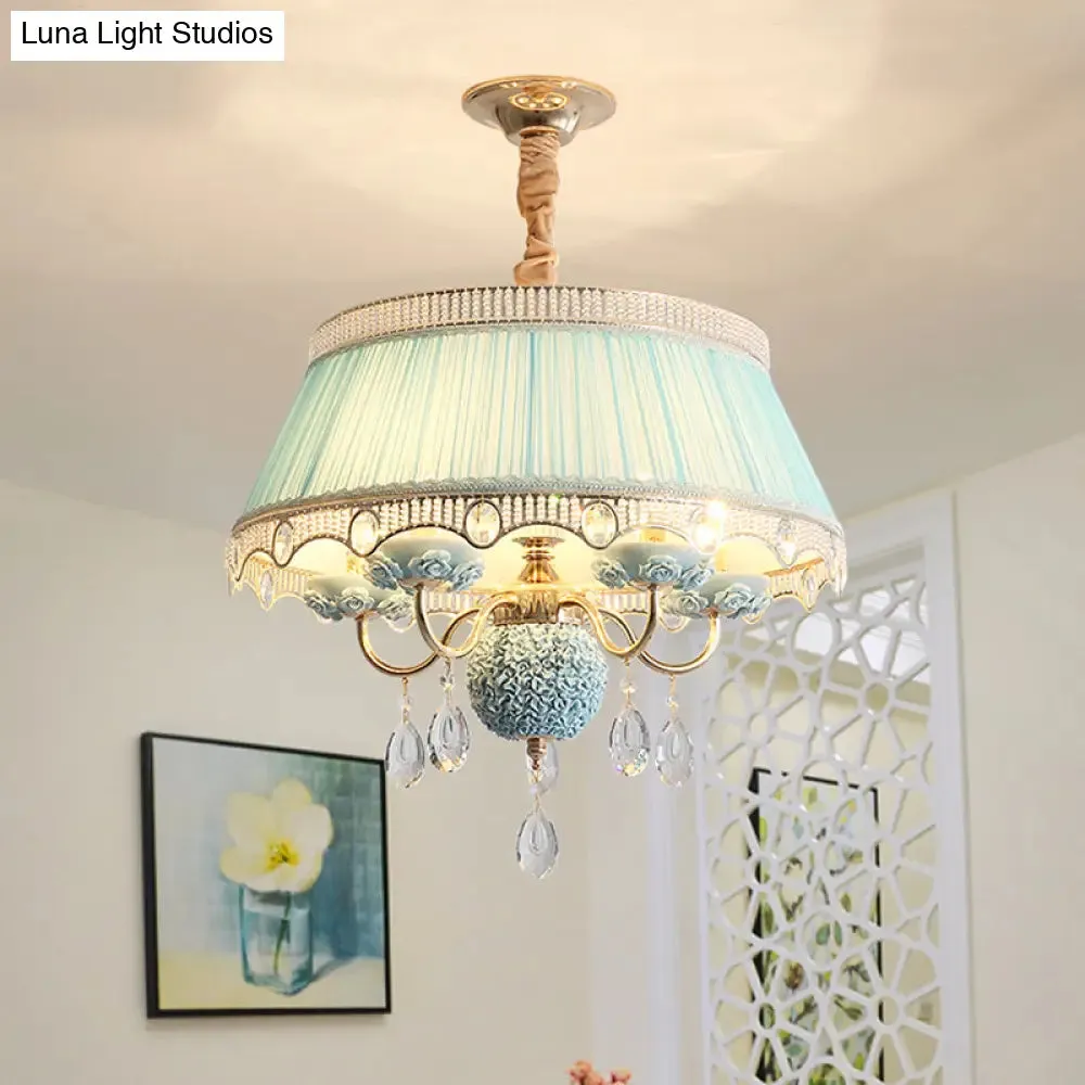 Pastoral Style Ceramic Chandelier with Hanging Light and Pleated Lamp Shade - Set of 5 Candlestick Bulbs in Pink/Blue/Light-Beige