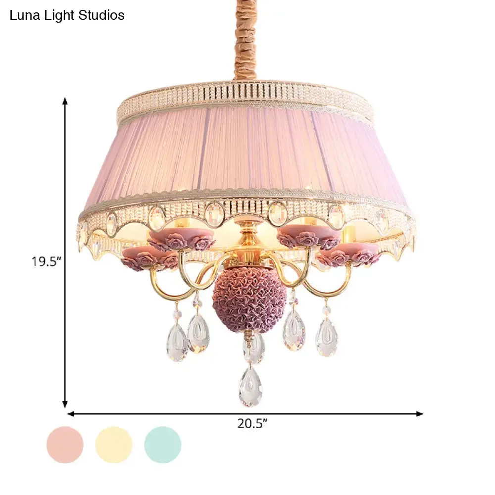 Pastoral Style Ceramic Chandelier with Hanging Light and Pleated Lamp Shade - Set of 5 Candlestick Bulbs in Pink/Blue/Light-Beige