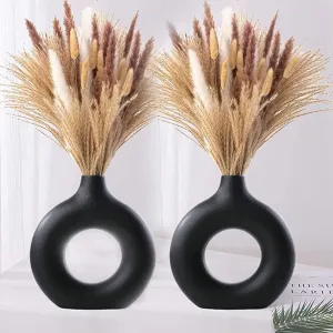 Praahi Lifestyle Ceramic Handmade Black Donut Vases for home/office/living room decor| Pampas Grass Vase | Round Shaped Vase | Decor Showpiece 9 Inches (Set of 2)