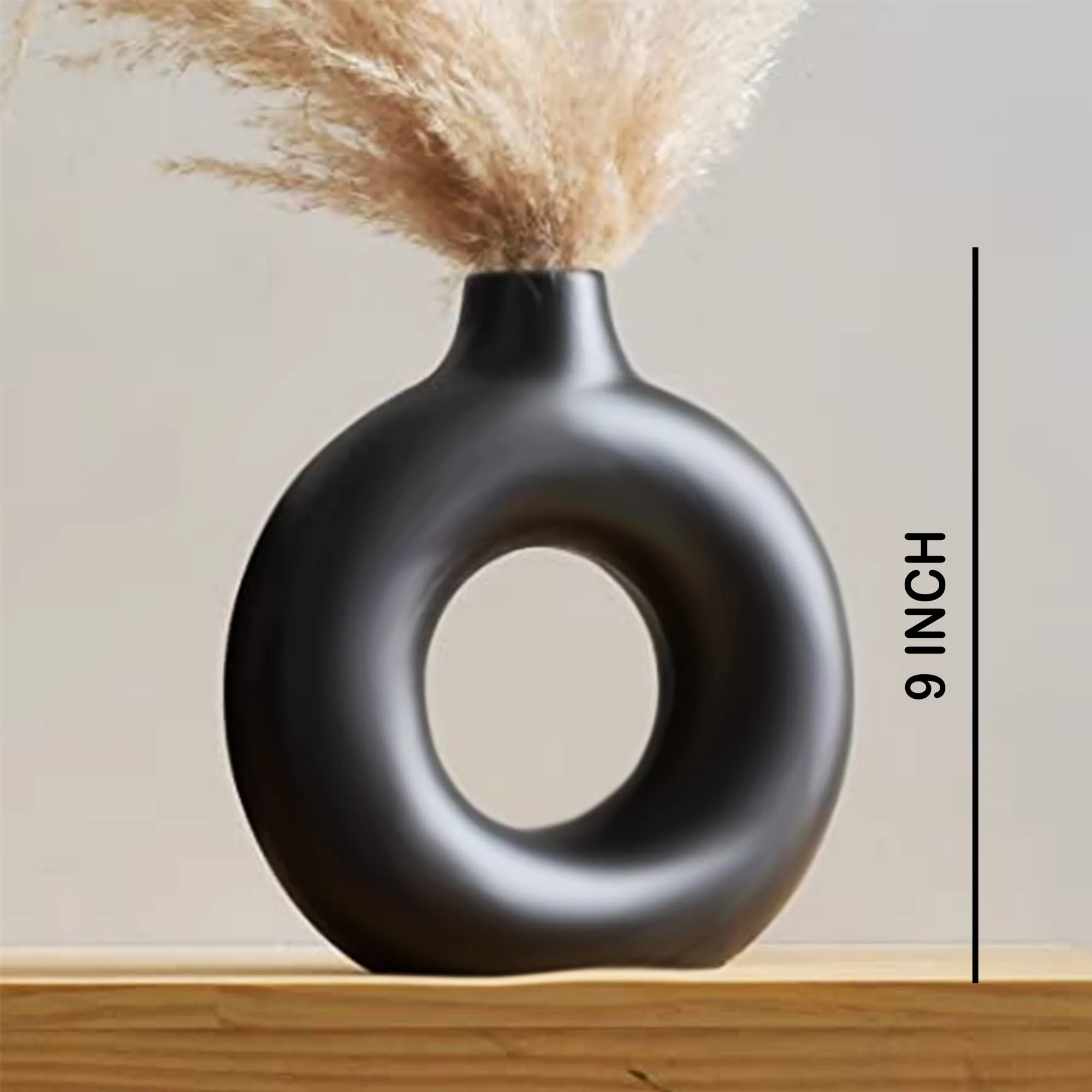 Praahi Lifestyle Ceramic Handmade Black Donut Vases for home/office/living room decor| Pampas Grass Vase | Round Shaped Vase | Decor Showpiece 9 Inches (Set of 2)