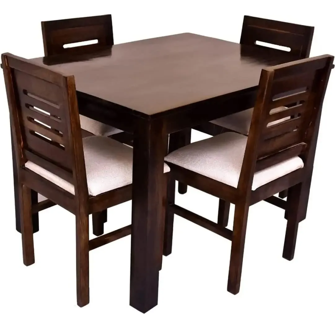 QUEEN WOOD Sheesham Wood 4 Seater Dining Table Set for Home Hall || Solid Wood Dining Table with 4 Cushion Chairs for Hotels || Dining Room Sets - Walnut Finish