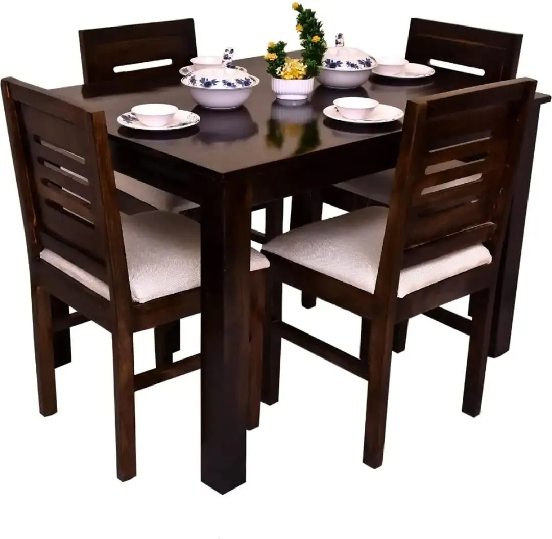 QUEEN WOOD Sheesham Wood 4 Seater Dining Table Set for Home Hall || Solid Wood Dining Table with 4 Cushion Chairs for Hotels || Dining Room Sets - Walnut Finish