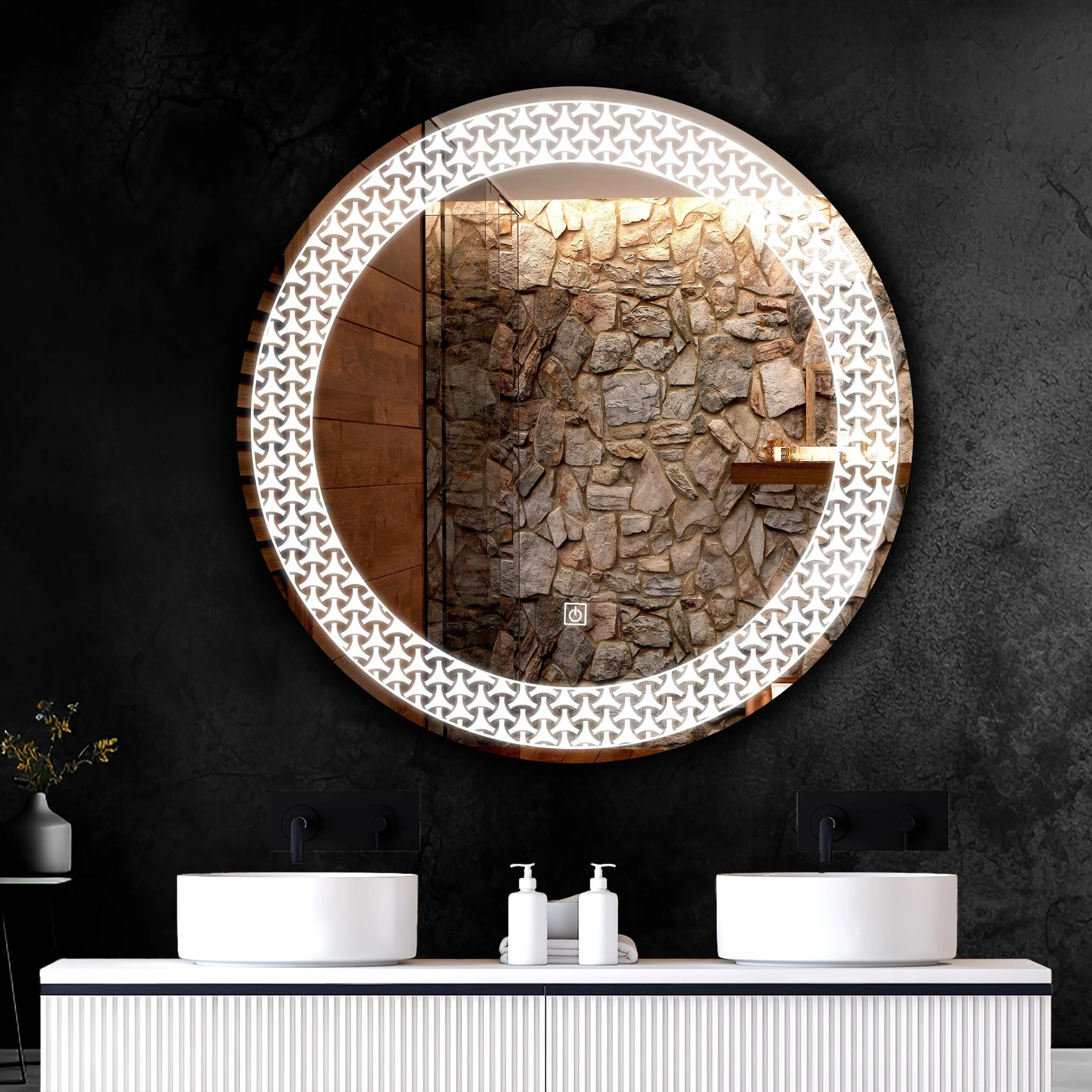 Round LED Bathroom Mirror with 3 Lighting Options (Warm, White, Natural White), Stylish Illumination for Your Wash Basin Bathroom Bedroom Living Room House Home Round Mirror (Design 2)