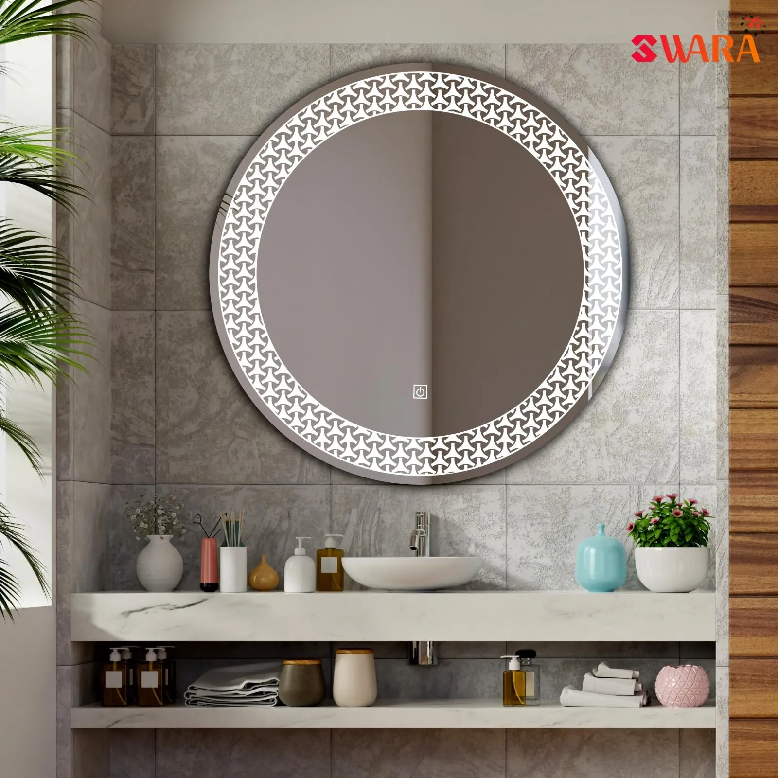 Round LED Bathroom Mirror with 3 Lighting Options (Warm, White, Natural White), Stylish Illumination for Your Wash Basin Bathroom Bedroom Living Room House Home Round Mirror (Design 2)