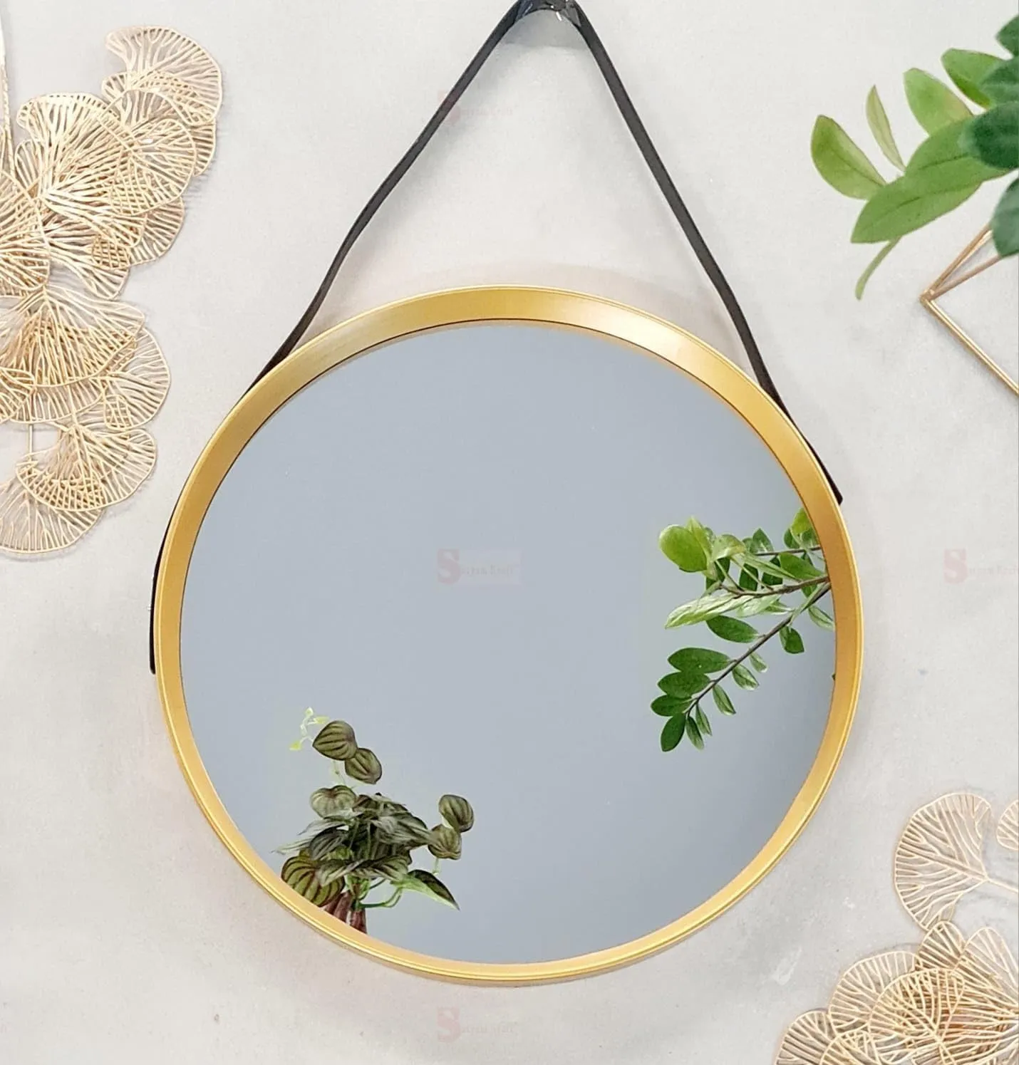 SATYAM KRAFT 1 Pc Round Wall Mirror With Leather Handle Hanging Frame For Home Decor, Deepawali, with Hook for Hanging in bathroom, living room decoration items,Diwali, bedroom, office decor (Model 7)