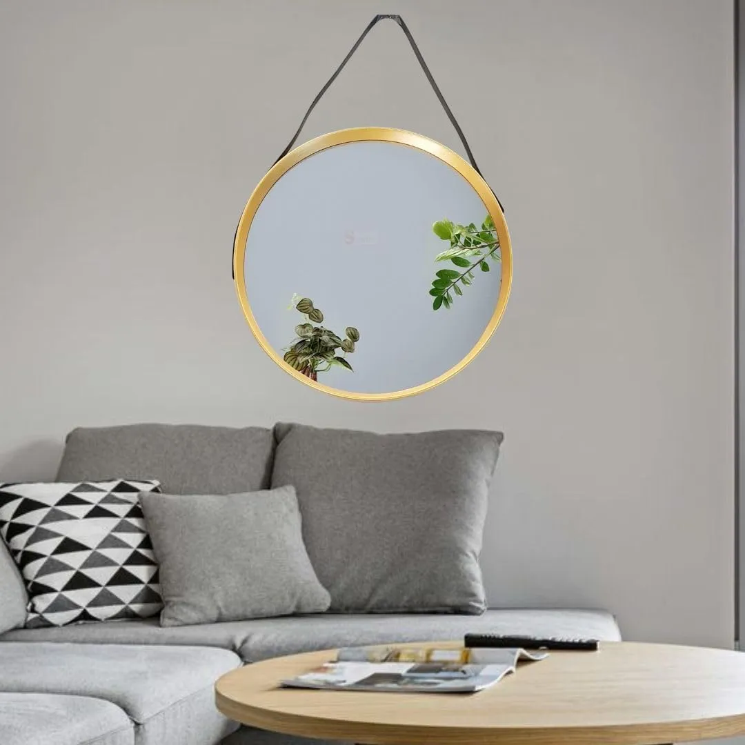 SATYAM KRAFT 1 Pc Round Wall Mirror With Leather Handle Hanging Frame For Home Decor, Deepawali, with Hook for Hanging in bathroom, living room decoration items,Diwali, bedroom, office decor (Model 7)