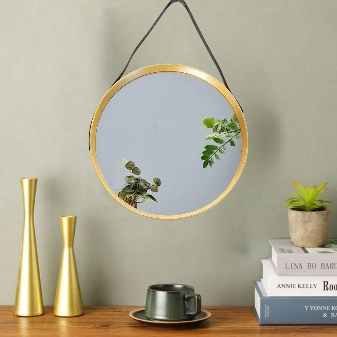 SATYAM KRAFT 1 Pc Round Wall Mirror With Leather Handle Hanging Frame For Home Decor, Deepawali, with Hook for Hanging in bathroom, living room decoration items,Diwali, bedroom, office decor (Model 7)