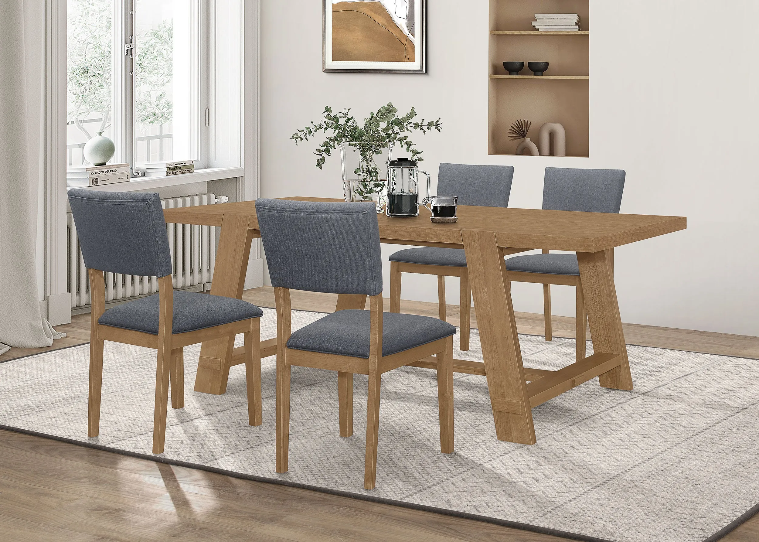 Sharon Rectangular Trestle Base Dining Table Set Blue and Brown