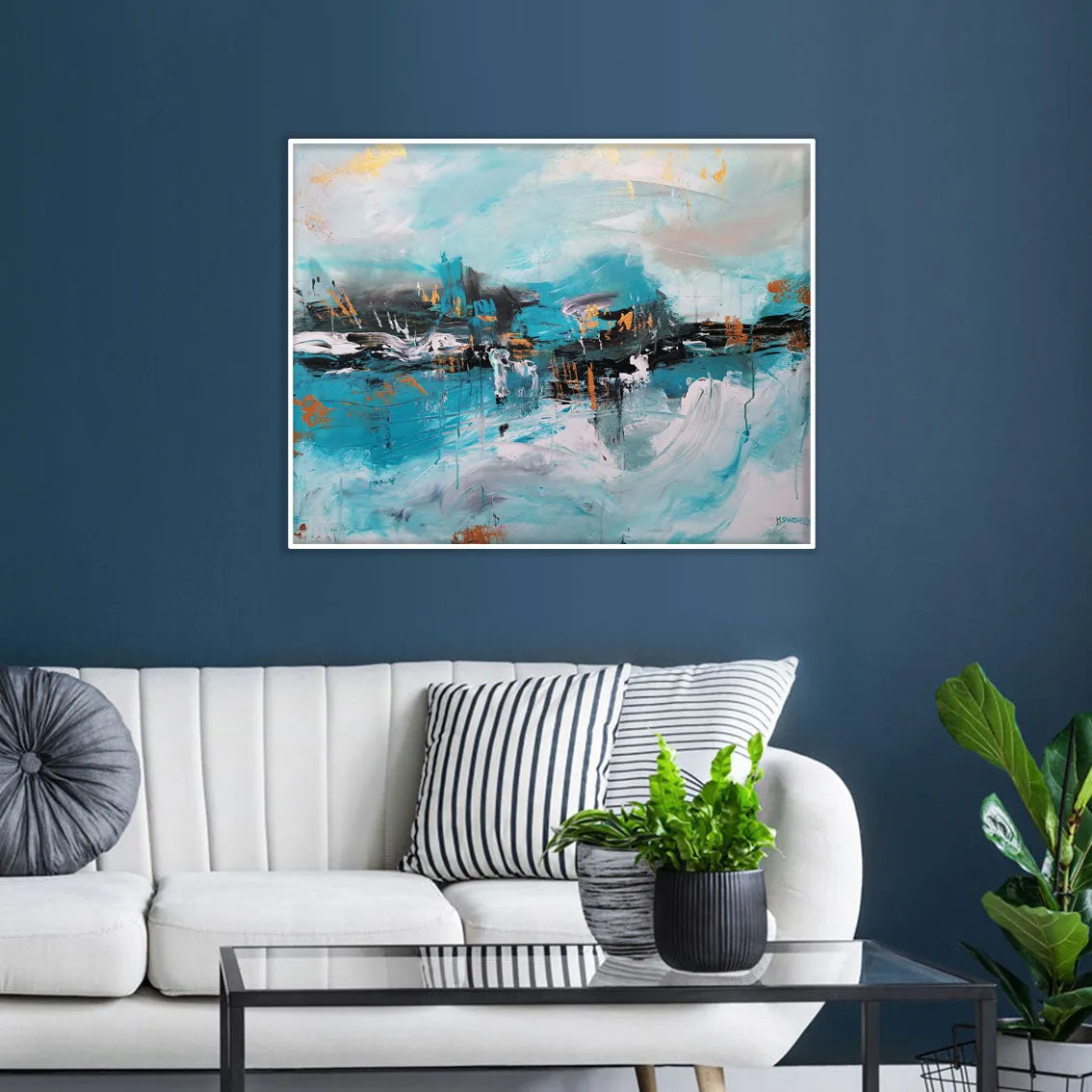 Sky blue & gold abstract painting 36  x 28 inches - ready to ship