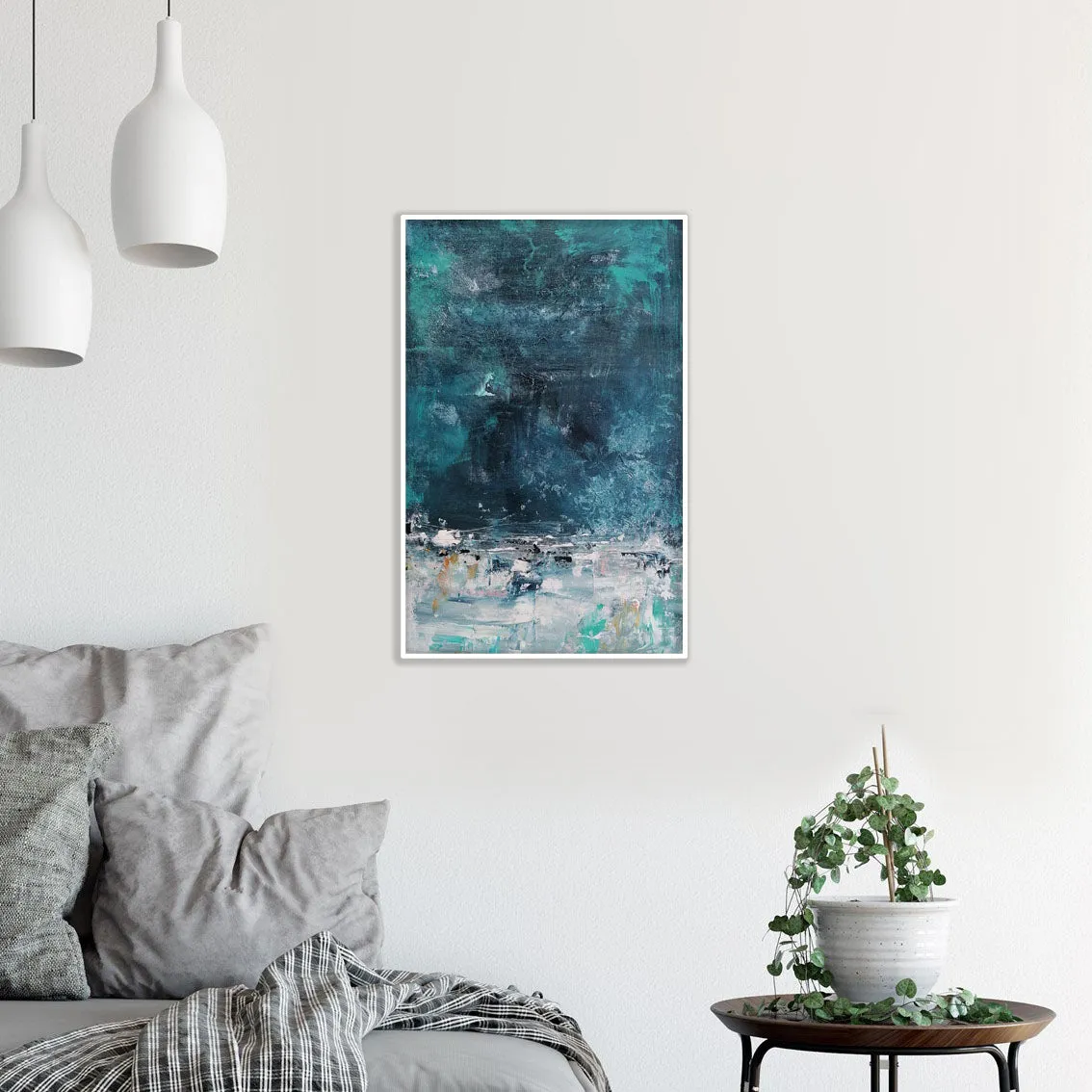 Smoky Blue & white abstract painting 28  x 18 inches - ready to ship