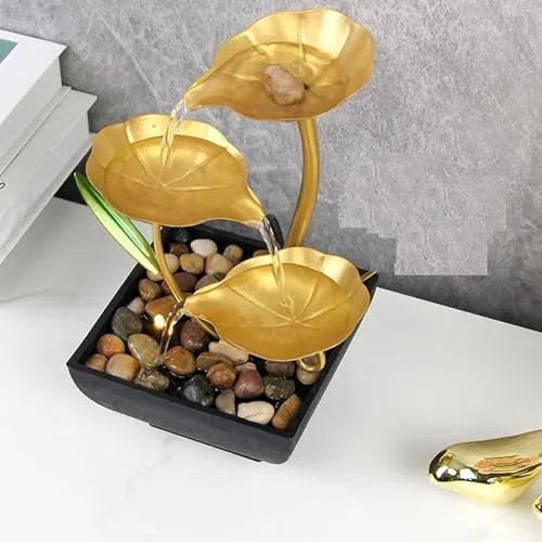 Stadash Lotus Waterfall Fountain for Home Decor - Golden Metal Tabletop Fountain with Deep Basin, Natural River Rocks, Home Water Fountain for Living Room, Office, Bedroom (1 PCS)